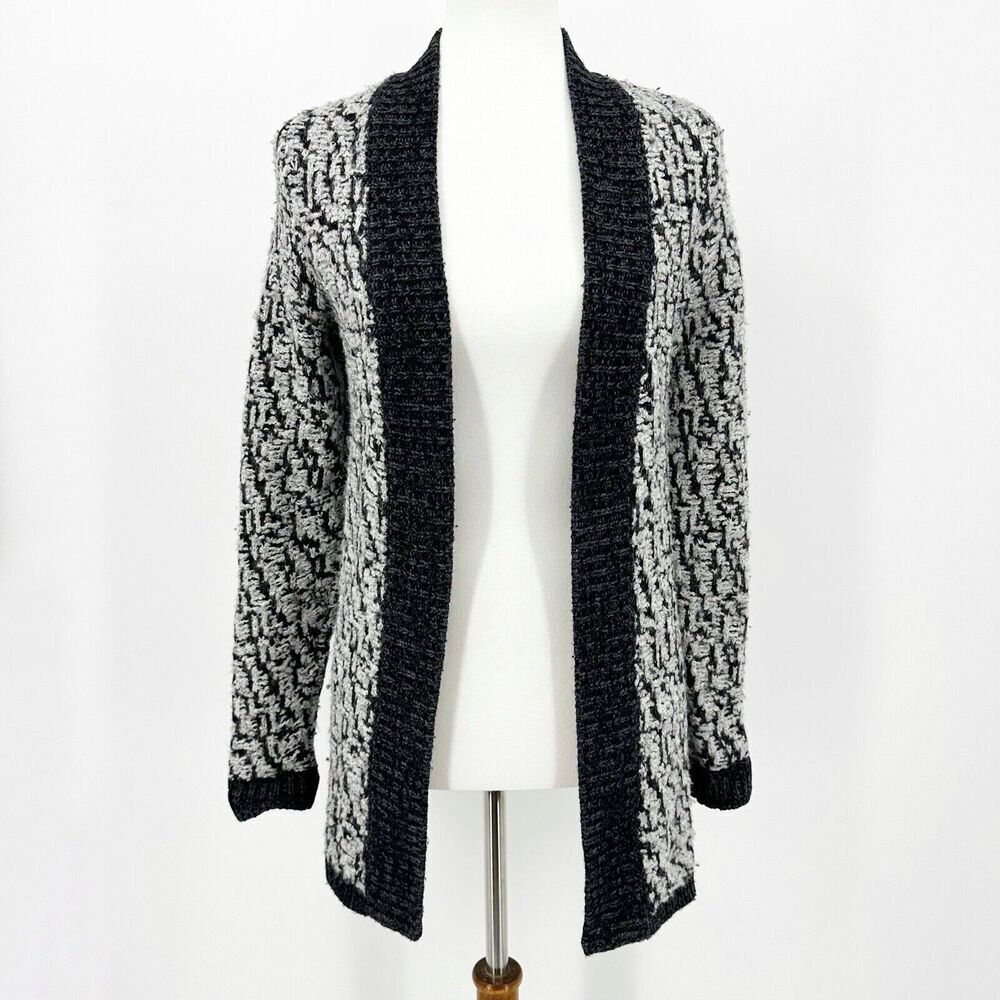 Loft Cardigan Sweater Open Front Boucle Knit Gray Black XS Wool Alpaca Cozycore
